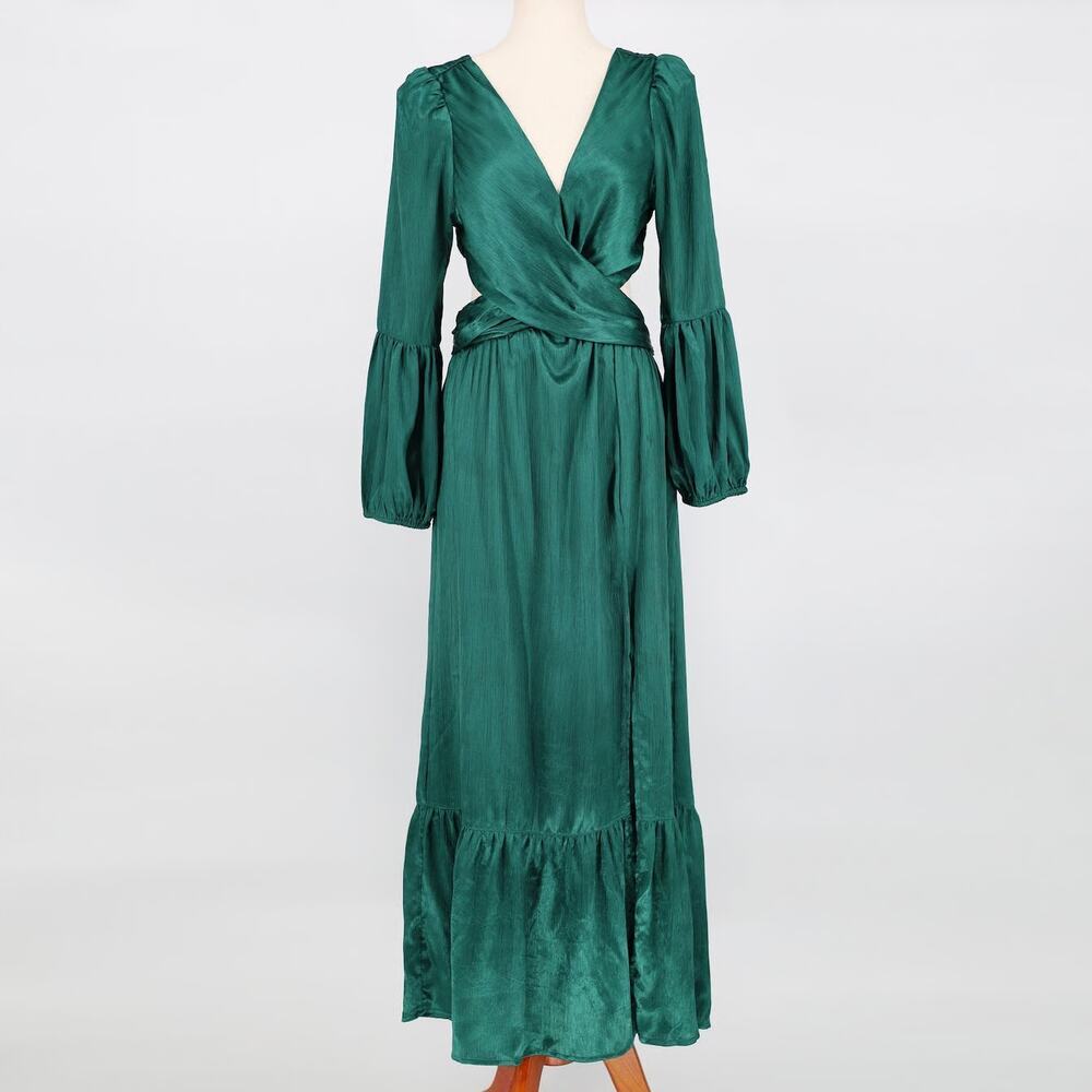 Rahi Satin Leila Luster Long Sleeve Cut Out Maxi Dress Size M NWOT Jade Green